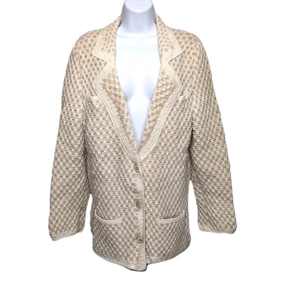 Hand Knit Handmade Sweater Blazer Cardigan Womens Size M Tan Cream Pockets NEW - Picture 3 of 16